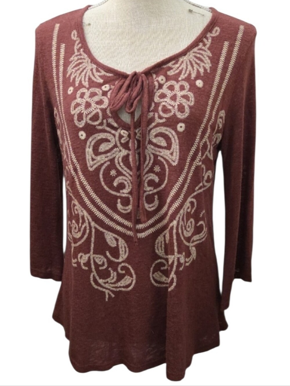 Cozy Casual Rust Long-Sleeve Embroidered Tie-Neck Top - Picture 2 of 5